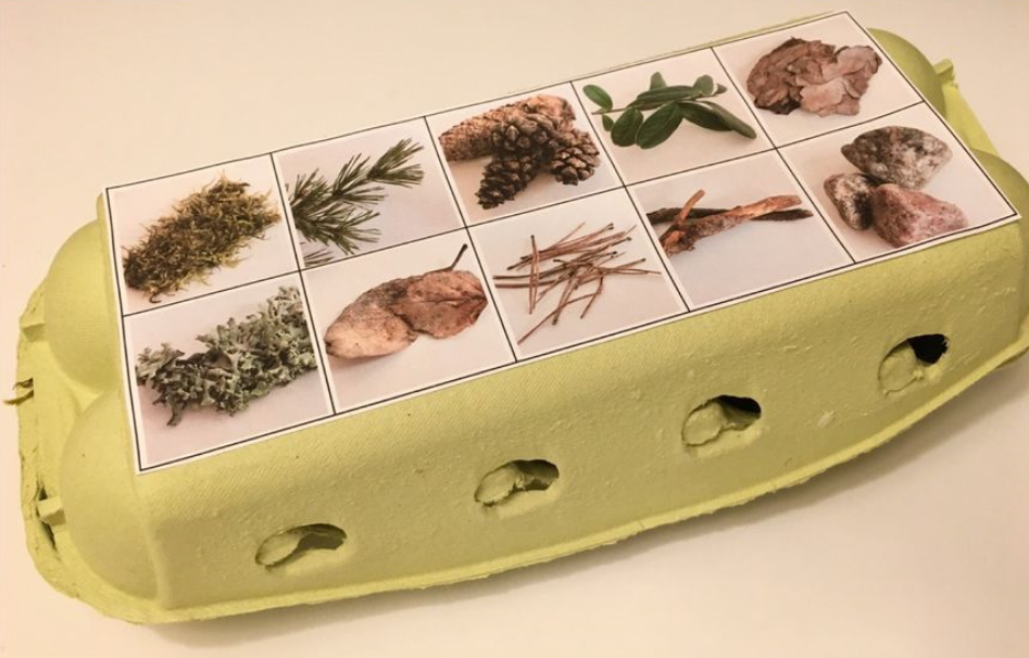 Kananmunakennosto, kannessa kuvia luonnon materiaaleista