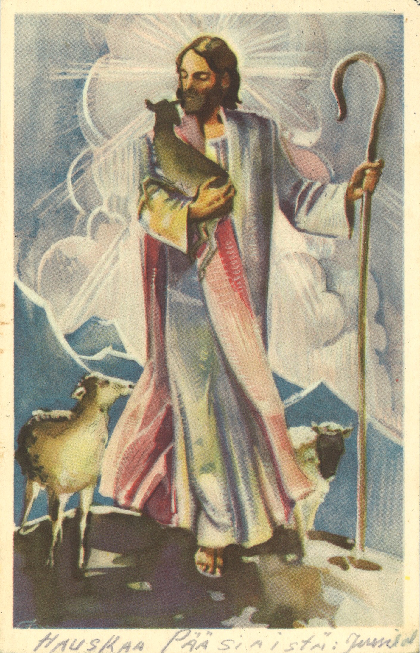 Jeesus-paimen, sylissä lammas
