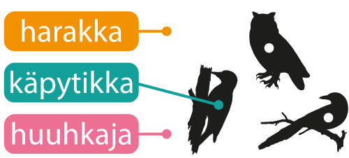 harakka, kÃ¤pytikka, huuhkala; kuva pelistÃ¤.