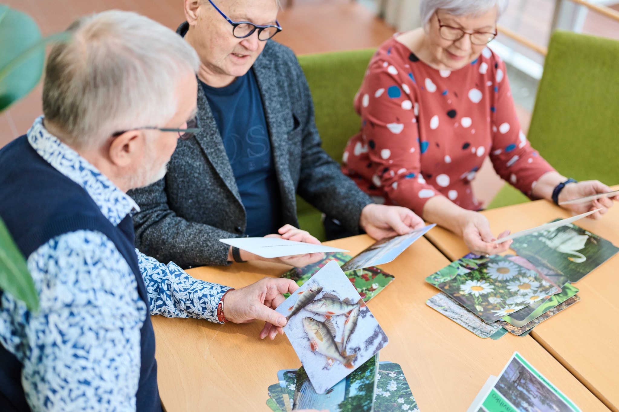 Kolme iäkästä ihmistä istuu pöydän ääressä ja tarkastelee suuria, värikkäitä luontoaiheisia kortteja. Korttien kuvissa näkyy muun muassa kukkia, kaloja ja maisemia. Henkilöt keskustelevat ja näyttävät kortteja toisilleen, ja taustalla on vihreitä tuoleja ja valoisa sisätila.