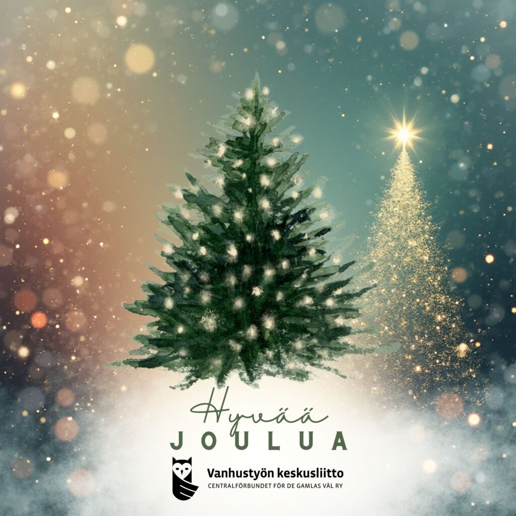 Joulukorttimainen kuva, jossa on kaksi kuusta lumisessa ja utuvalossa hohtavassa maisemassa. Vasemmalla on vihreä kuusi, jonka oksilla kimmeltävät valot. Oikealla on valon ja kultaisten hiukkasten muodostama hohtava joulukuusi, jonka latvassa loistaa kirkas tähti. Alareunassa lukee ”Hyvää joulua” ja sen alla on Vanhustyön keskusliiton logo ja nimi.