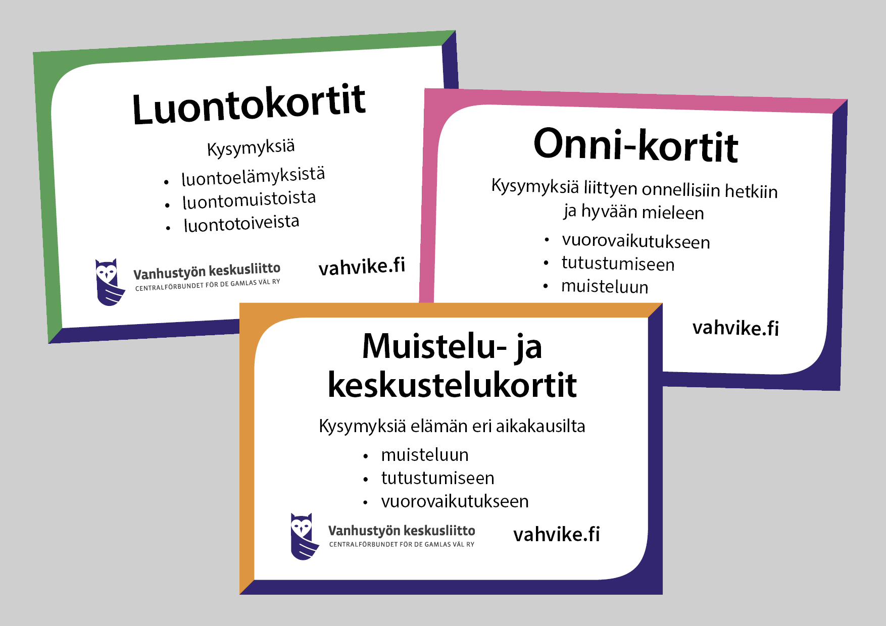 Kolme korttisarjaa esittelevä kuva: “Luontokortit”, “Onni-kortit” ja “Muistelu- ja keskustelukortit”. Tekstissä kerrotaan, että kortit sisältävät kysymyksiä esimerkiksi luontoelämyksistä, onnellisista hetkistä ja elämän eri vaiheista sekä tukevat keskustelua, muistelua ja vuorovaikutusta. Kuvassa näkyy myös Vanhustyön keskusliiton logo ja vahvike.fi-verkkosivu.
